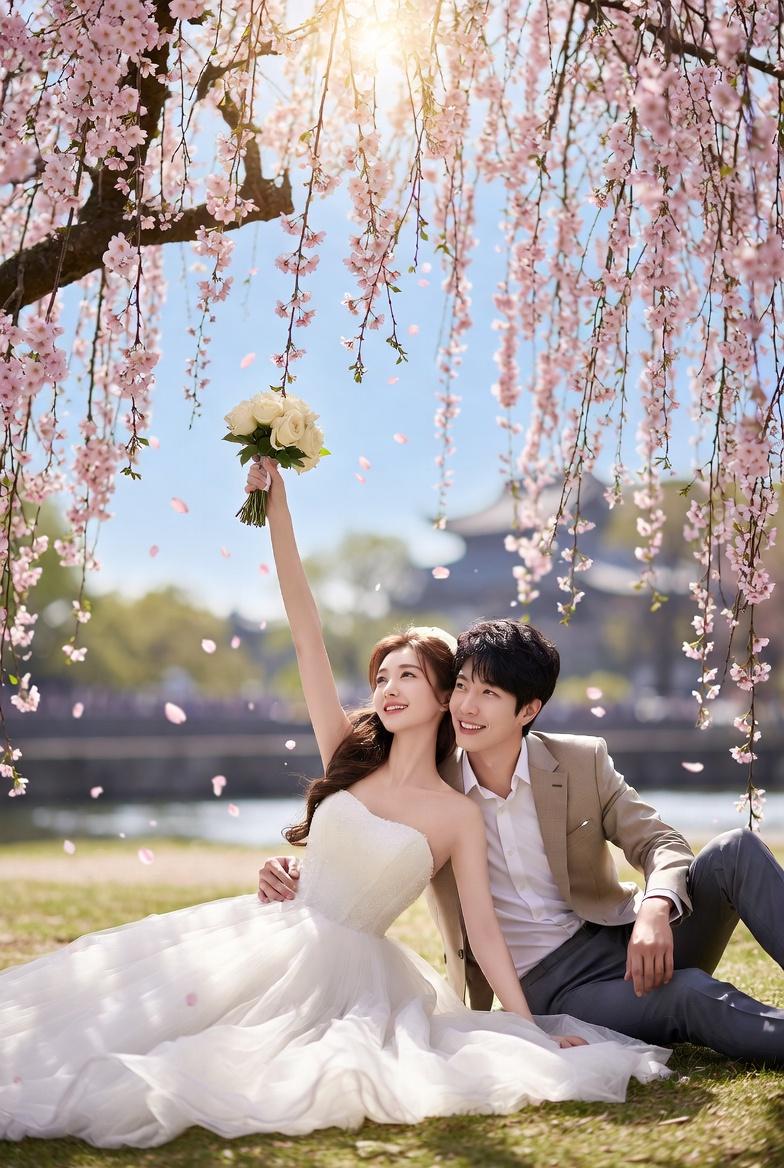 一對甜蜜幸福的亞洲新人婚紗照，...